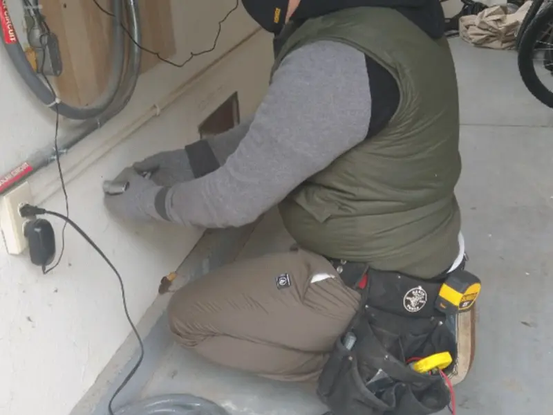 Electrician performing outlet wiring in a Allen Park garage